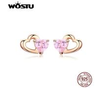 (golden) Wostu Echte 925 Sterling Silber Doppel Herz Form Rosa Cz Romantische Ohrstecker Für Frauen