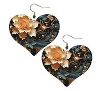 Goldene Blumen auf schwarzem Leder, Ohrringe für Frauen, Herz-Ohrringe, leicht, baumelnde Ohrringe, Schmuckgeschenke, One Size, Kein Edelstein