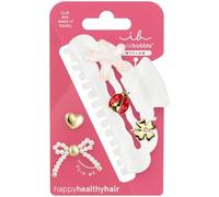 Goldene Haarklammer Damen mit Herz, Schleife & Blume - Invisibobble MyClaw Full of Charms perlmuttweiß - Haarspange Haarschmuck groß XXL elegant mit 5 Anhängern (Marienkäfer, Kleeblatt) - Größe L