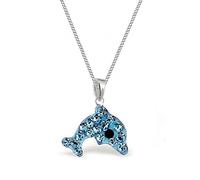 Goldene Hufeisen Blau Kristall Delfin Anhänger Kette 925 Sterling Silber Kinder Mädchen Halskette