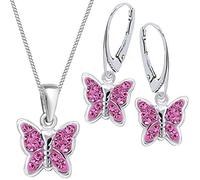 Goldene Hufeisen Mädchen Kinder Kristall Schmetterling Brisur Ohrringe + Anhänger + 40cm Kette 925 Silber Set (Rosa)
