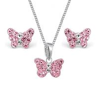 Goldene Hufeisen Mini Kristall Schmetterling Anhänger + 38cm Kette + Ohrstecker 925 Echt Silber Kinder Mädchen (Rosa)