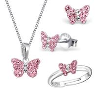 Goldene Hufeisen Mini Rosa Kristall Schmetterling Ring Anhänger Halskette Ohrstecker 925 Echt Silber Mädchen Kinder Set