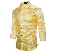 Goldenes Hemd Herren, Glitzer Hemd Herren: Pailletten Oberteil Glitzerhemd Disco Outfit Langarmhemd 70er Jahre Herrenhemden Langarm Festliches Ausgefallene Hemden Slim Fit Silvester Shirt Freizeithemd
