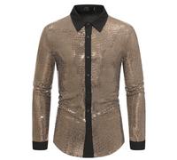 Goldenes Hemd Herren, Pailletten Hemd Herren: Glitzer Outfit Glitzerhemd Langarmhemd Silvester Shirt Party Ausgefallene Hemden Festliches Disco Outfit Slim Fit Herrenhemden Langarm Freizeithemden