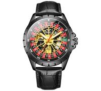 Goldenes hohles Skelett-Roulette-Rad automatische mechanische Uhr für Herren, schwingendes Drehzifferblatt, einzigartige Uhren, echtes Lederband, wasserdicht, Luxus-Armbanduhr, Schwarz, Luxuriös