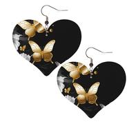 Goldfarbene weiße Schmetterlinge, schwarze Leder-Ohrringe für Frauen, Herz-Ohrringe, leichte Tropfenohrringe, Schmuckgeschenk, Einheitsgröße, Leder, Kein Edelstein