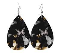 Goldfarbene weiße Schmetterlinge, schwarze Ohrringe für Damen, tropfenförmige Leder-Ohrringe, doppelseitig, baumelnd, leicht, Damen-Ohrschmuck, Schmuck, modisches Geburtstagsgeschenk