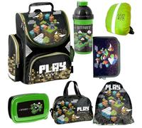 Goldkids 6er Set Schulranzen Ranzen Tornister Schulrucksack Federmappe Turnbeutel Turnsack Brotdose Trinkflasche Regenschutz Game Motiv ab 1 Klasse