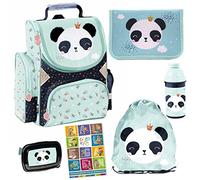 Goldkids 6er Set Schulranzen Ranzen Tornister Schulrucksack Federmappe Turnbeutel Turnsack Brotdose Trinkflasche Aufgabenheft Panda Motiv ab 1 Klasse