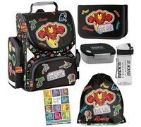 Goldkids Avengers Marvel Schulranzen Set ergonomischer Ranzen Federmappe Turnbeutel Trinkflasche Brotdose Aufgabenheft für die Grundschule 6er Set. Geeignet ab der ersten Klasse der Grundschule.