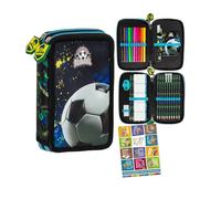 Goldkids - Federmäppchen 2 Fächer - Mäppchen für Mädchen und Jungen - Federmappe 2-Fach Federtasche Gefüllte Schüleretui Schulmäppchen und Hausaufgabenheft - Fußball Motiv