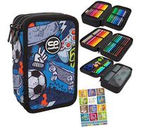 Goldkids - Federmäppchen 3 Fächer - Mäppchen für Jungen - Federmappe 3-Fach Federtasche Gefüllte Schüleretui Schulmäppchen und Hausaufgabenheft - Fußball Motiv