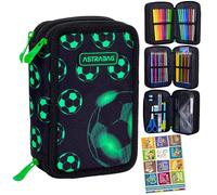 Goldkids - Federmäppchen 3 Fächer - Mäppchen für Jungen und Mädchen - Federmappe 3-Fach Federtasche Gefüllte Schüleretui 46-teilig - Schulmäppchen und Hausaufgabenheft - Fußball Motiv