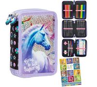 Goldkids - Federmäppchen 3 Fächer - Mäppchen für Mädchen - Federmappe 3-Fach Federtasche Gefüllte Schüleretui 44-teilig - Schulmäppchen und Hausaufgabenheft - Einhor Motiv