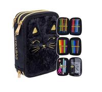 Goldkids - Federmäppchen 3 Fächer - Mäppchen für Mädchen - Federmappe 3-Fach Federtasche Gefüllte Schüleretui Schulmäppchen und Hausaufgabenheft - Plüschkatze