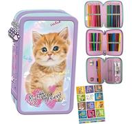 Goldkids - Federmäppchen 3 Fächer - Mäppchen für Mädchen - Federmappe 3-Fach Federtasche Gefüllte Schüleretui 43-teilig - Schulmäppchen und Hausaufgabenheft - Motiv - Katze