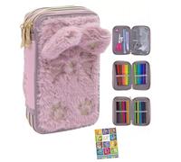 Goldkids - Federmäppchen 3 Fächer - Mäppchen für Mädchen - Federmappe 3-Fach Federtasche Gefüllte Schüleretui Schulmäppchen und Hausaufgabenheft - Plüschkatze