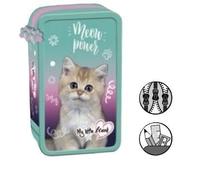 Goldkids - Federmäppchen 3 Fächer - Mäppchen für Mädchen und Jungen - Federmappe 3-Fach Federtasche 44-teilig Gefüllte Schüleretui Schulmäppchen- Katze Motiv