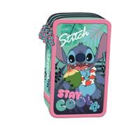 Goldkids - Federmäppchen 3 Fächer - Mäppchen für Mädchen und Jungen - Federmappe 3-Fach Federtasche 44-teilig Gefüllte Schüleretui Schulmäppchen- Stitch Motiv