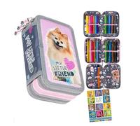 Goldkids - Federmäppchen 3 Fächer - Mäppchen für Mädchen und Jungen - Federmappe 3-Fach Federtasche 44-teilig Gefüllte Schüleretui Hausaufgabenheft- Hund Motiv