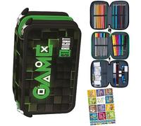 Goldkids - Federmäppchen 3 Fächer - Mäppchen für Mädchen und Jungen - Federmappe 3-Fach Federtasche 46-teilig Gefüllte Schüleretui Hausaufgabenheft- Game Motiv