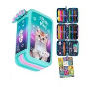 Goldkids - Federmäppchen 3 Fächer - Mäppchen für Mädchen und Jungen - Federmappe 3-Fach Federtasche 44-teilig Gefüllte Schüleretui Hausaufgabenheft- Katze Motiv