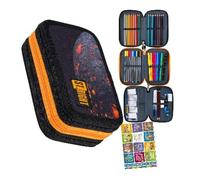 Goldkids - Federmäppchen 3 Fächer - Mäppchen für Mädchen und Jungen - Federmappe 3-Fach Federtasche 46-teilig Gefüllte Schüleretui Hausaufgabenheft- Volcanik Moon Motiv