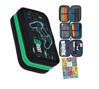 Goldkids - Federmäppchen 3 Fächer - Mäppchen für Mädchen und Jungen - Federmappe 3-Fach Federtasche 46-teilig Gefüllte Schüleretui Hausaufgabenheft - Gamepad Motiv