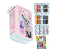 Goldkids - Federmäppchen 3 Fächer - Mäppchen für Mädchen und Jungen - Federmappe 3-Fach Federtasche 44-teilig Gefüllte Schüleretui Hausaufgabenheft- Katze Motiv