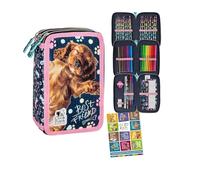 Goldkids - Federmäppchen 3 Fächer - Mäppchen für Mädchen und Jungen - Federmappe 3-Fach Federtasche Gefüllte Schüleretui Schulmäppchen und Hausaufgabenheft - Hund Motiv