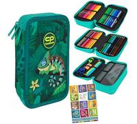 Goldkids - Federmäppchen 3 Fächer - Mäppchen für Mädchen und Jungen - Federmappe 3-Fach Federtasche Gefüllte Schüleretui Schulmäppchen und Hausaufgabenheft - Chamäleon Motiv