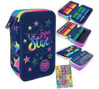 Goldkids - Federmäppchen 3 Fächer - Mäppchen für Mädchen und Jungen - Federmappe 3-Fach Federtasche Gefüllte Schüleretui Schulmäppchen und Hausaufgabenheft - Stars Motiv