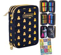 Goldkids - Federmäppchen 3 Fächer - Mäppchen für Mädchen und Jungen - Federmappe 3-Fach Federtasche Gefüllte Schüleretui 46-teilig - Schulmäppchen und Hausaufgabenheft - Teddybär Motiv