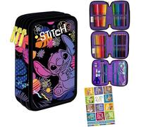 Goldkids - Federmäppchen 3 Fächer - Mäppchen für Mädchen und Jungen - Federmappe 3-Fach Federtasche Gefüllte Schüleretui 46-teilig - Schulmäppchen und Hausaufgabenheft - Stitch Motiv