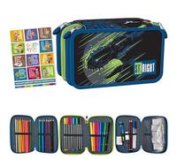 Goldkids - Federmäppchen 3 Fächer - Mäppchen für Mädchen und Jungen - Federmappe 3-Fach Federtasche Gefüllte Schüleretui 46-teilig - Schulmäppchen und Hausaufgabenheft - Dinosaurier Motiv