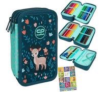 Goldkids - Federmäppchen 3 Fächer - Mäppchen für Mädchen und Jungen - Federmappe 3-Fach Federtasche Gefüllte Schüleretui Schulmäppchen und Hausaufgabenheft - Deer Motiv