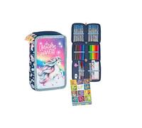 Goldkids - Federmäppchen 3 Fächer - Mäppchen für Mädchen und Jungen - Federmappe 3-Fach Federtasche Gefüllte Schüleretui Schulmäppchen und Hausaufgabenheft - Einhorn Motiv