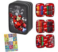 Goldkids - Federmäppchen 3 Fächer - Mäppchen für Mädchen und Jungen - Federmappe 3-Fach Federtasche Gefüllte Schüleretui 46-teilig - Schulmäppchen und Hausaufgabenheft - Avengers Motiv