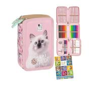 Goldkids - Federmäppchen 3 Fächer - Mäppchen für Mädchen und Jungen - Federmappe 3-Fach Federtasche Gefüllte Schüleretui Schulmäppchen und Hausaufgabenheft - Katze Motiv