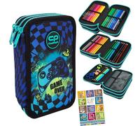 Goldkids - Federmäppchen 3 Fächer - Mäppchen für Mädchen und Jungen - Federmappe 3-Fach Federtasche Gefüllte Schüleretui Schulmäppchen und Hausaufgabenheft - Game Motiv