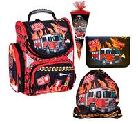 Goldkids Feuerwehr Firefighters Schulranzen Grundschule ergonomischer Ranzen Federmappe Federtasche Federmäppchen ohne Inhalt Turnbeutel Zuckertüte 4er Set Fire
