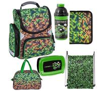 Goldkids Game Pixel Schulranzen ergonomischer Ranzen Federmappe Turnbeutel Sporttasche Trinkflasche Brotdose 6er-Set. Geeignet ab der ersten Klasse der Grundschule.