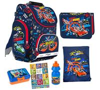 Goldkids Hot Wheels Schulranzen ergonomischer Ranzen Federmappe Turnbeutel Brotdose Trinkflasche Aufgabenheft für die Grundschule 6er Set. Lizenzware
