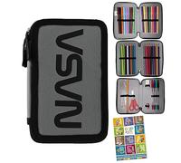 Goldkids NASA Federmappe Federmäppchen Federtasche XXL Schüleretui Federtasche Federpenal Schulmäppchen grau 3 Fächer 45-teilig gefüllt inkl Hausaufgabenheft