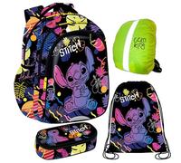 Goldkids - Rucksack für Jungen und Mädchen, 4er-Set - Schul-Rucksack für Kinder mit Federmäppchen - Schuhbeutel und Regenschutz - Stitch Motiv