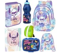 Goldkids - Rucksack für Jungen und Mädchen, 7er-Set - Schul-Rucksack für Kinder mit Federmäppchen - Schuhbeutel und Regenschutz - Lilo und Stitch Motiv