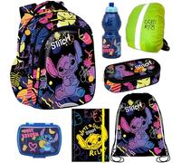 Goldkids - Rucksack für Jungen und Mädchen, 7er-Set - Schul-Rucksack für Kinder mit Federmäppchen - Schuhbeutel und Regenschutz - Lilo und Stitch Motiv