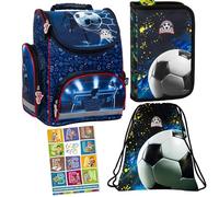 Goldkids - Schulranzen für Jungen, 4er-Set - Schul-Rucksack für Kinder mit Federmäppchen - Schuhbeutel und Hausaufgabenheft - Fußball Motiv - 1-3 Klasse