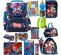 Goldkids - Schulranzen für Jungen und Mädchen, 14er-Set - Schul-Rucksack für Kinder mit Federmäppchen - Schuhbeutel Malunterlage Sammelmappe und Hausaufgabenheft - Spiderman Motiv - 1-3 Klasse
